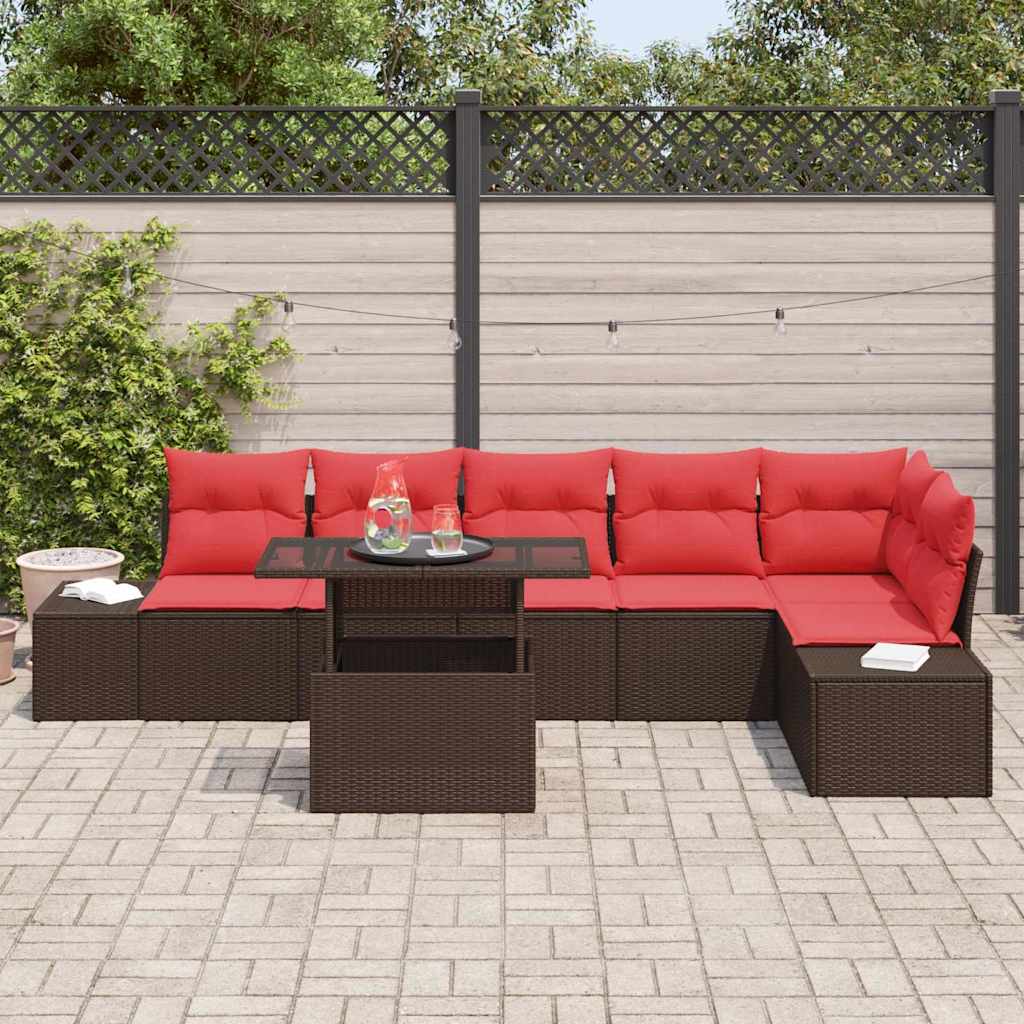 Gartensofa-set mit Kissen 7 pcs Braun und Rot Poly-Rattan