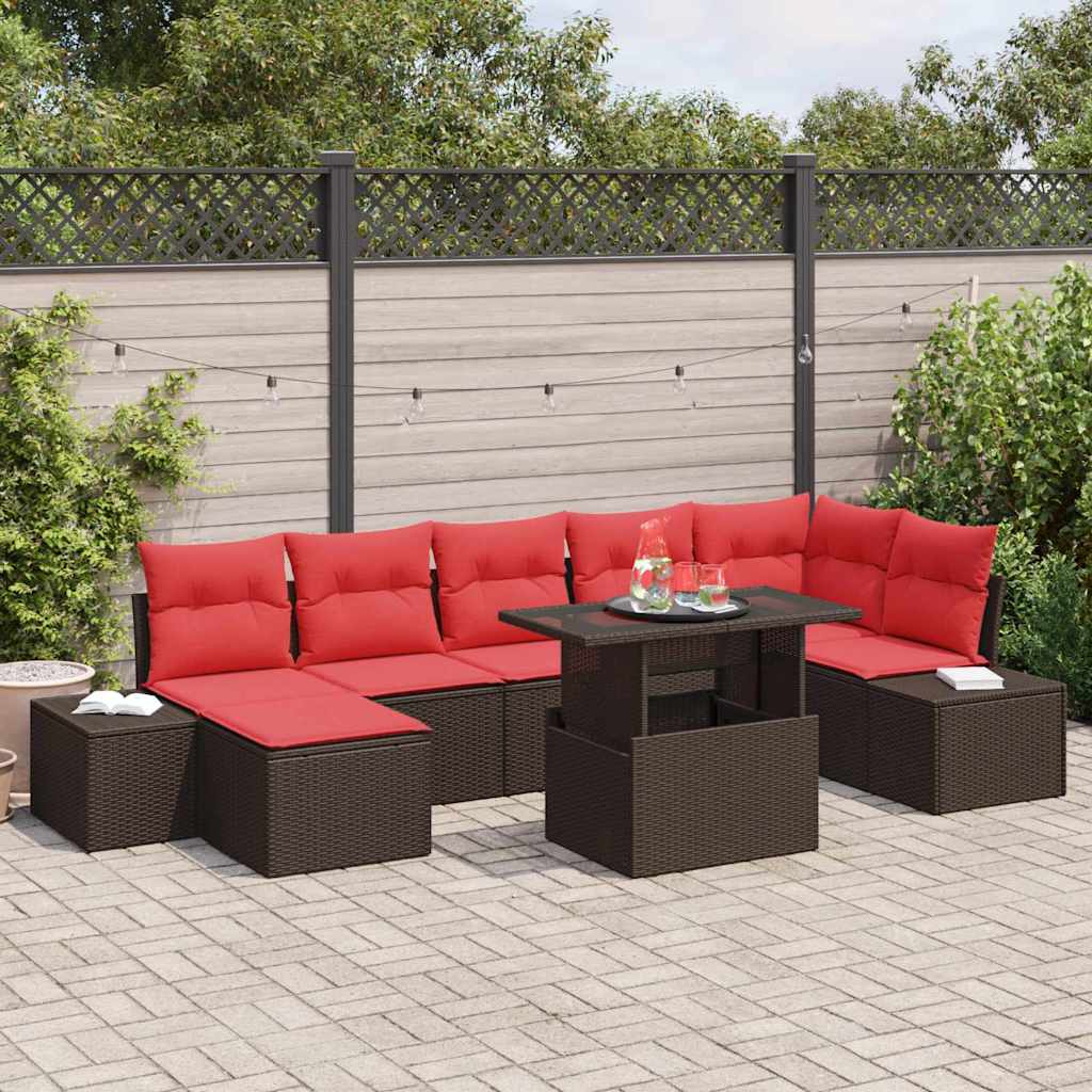 Gartensofa-set mit Kissen 8 pcs Braun und Rot Poly-Rattan