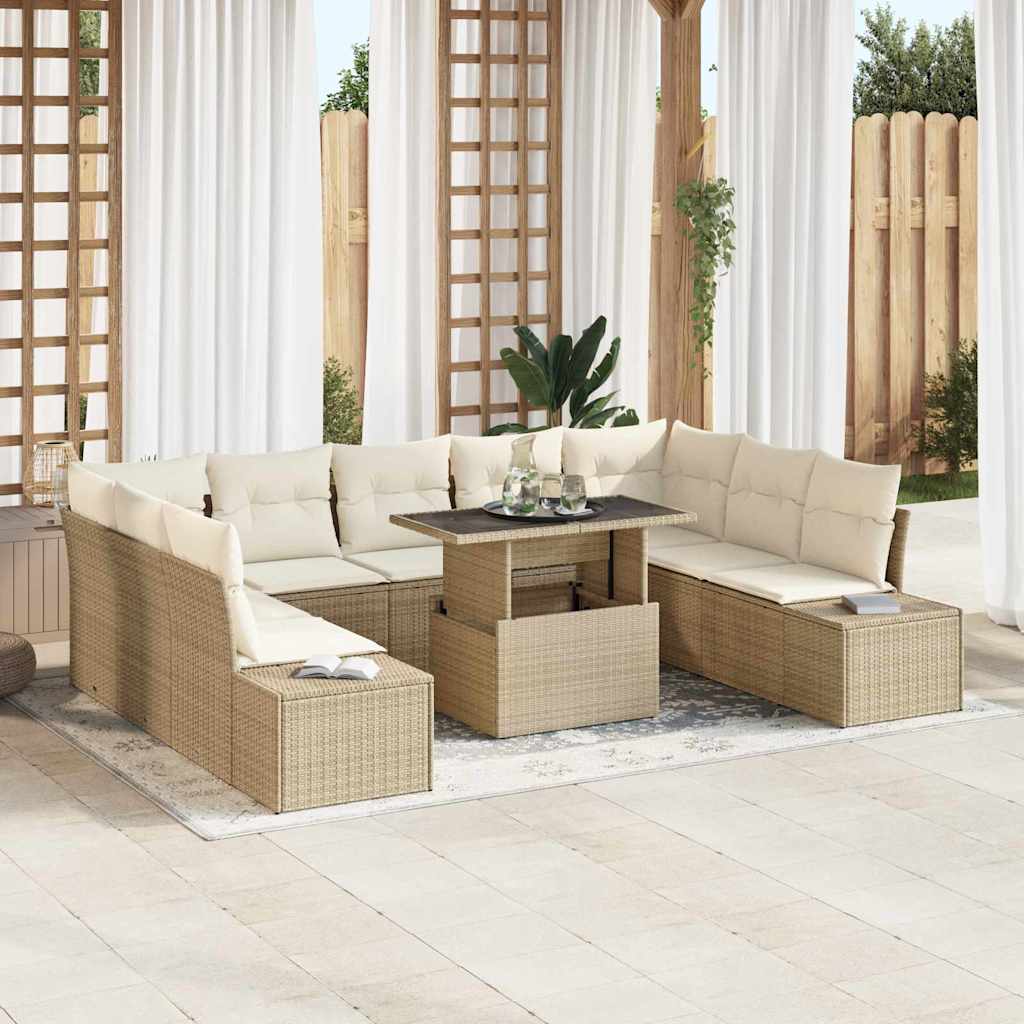 Gartensofa-set mit Kissen 10 pcs Beige und Creme Poly-Rattan