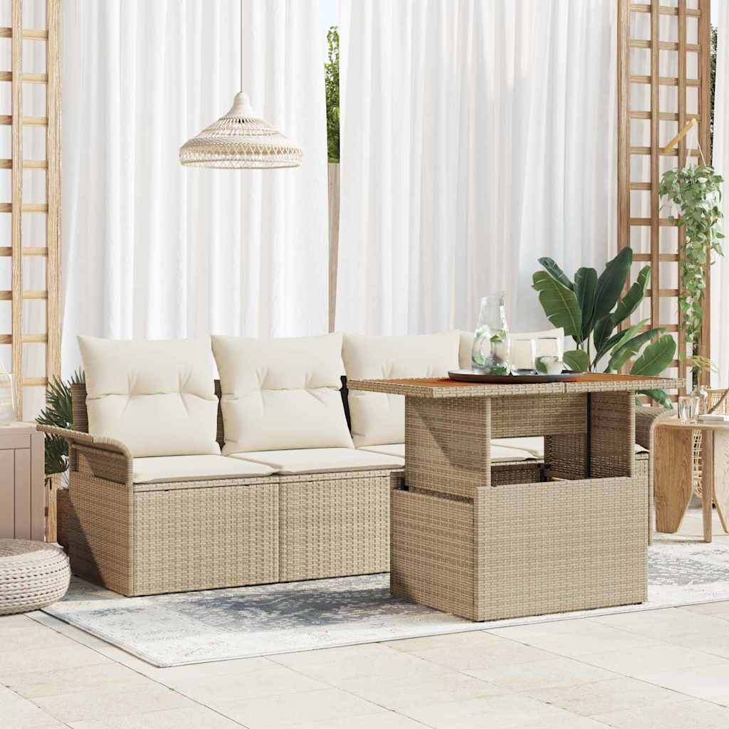 Gartensofa-set mit Kissen 5 pcs Beige und Creme Poly-Rattan
