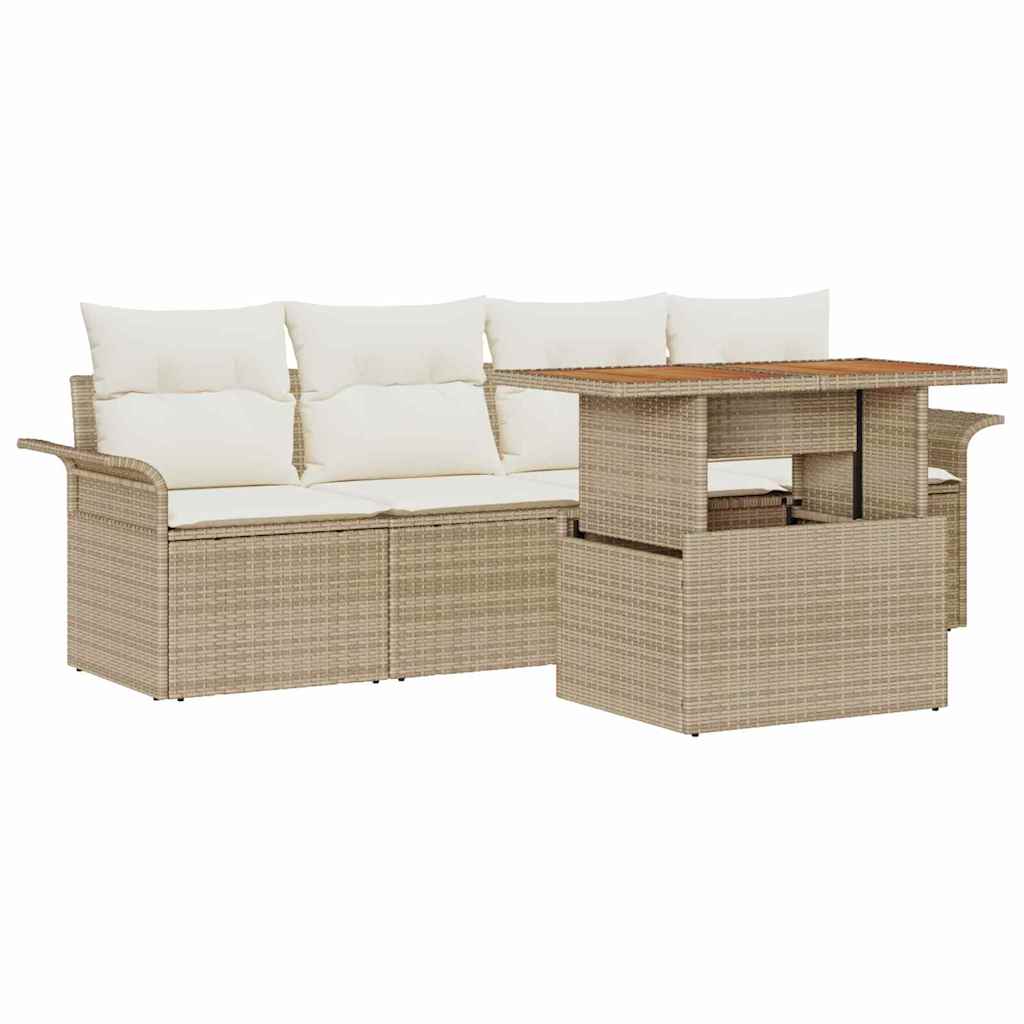 Gartensofa-set mit Kissen 5 pcs Beige und Creme Poly-Rattan