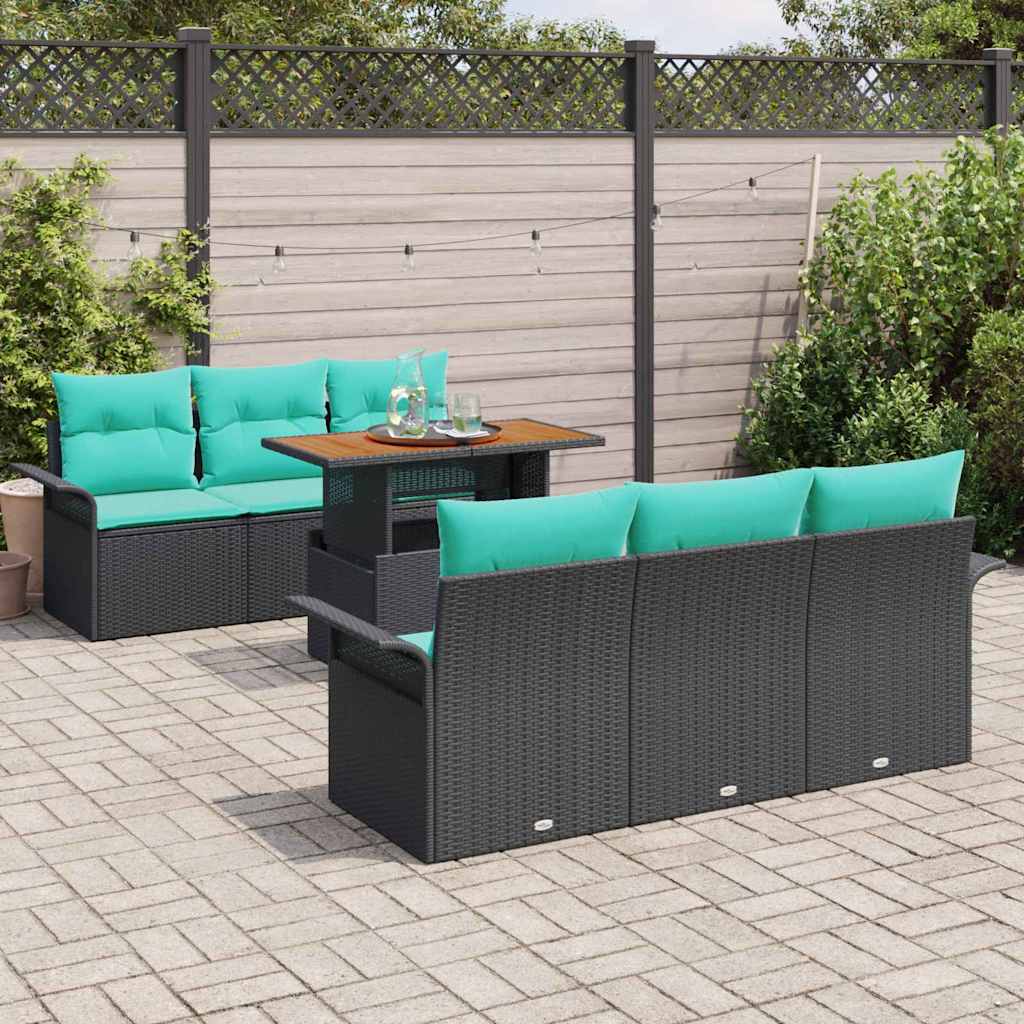 Gartensofa-set mit Kissen 7 pcs Schwarz und Blau Poly-Rattan