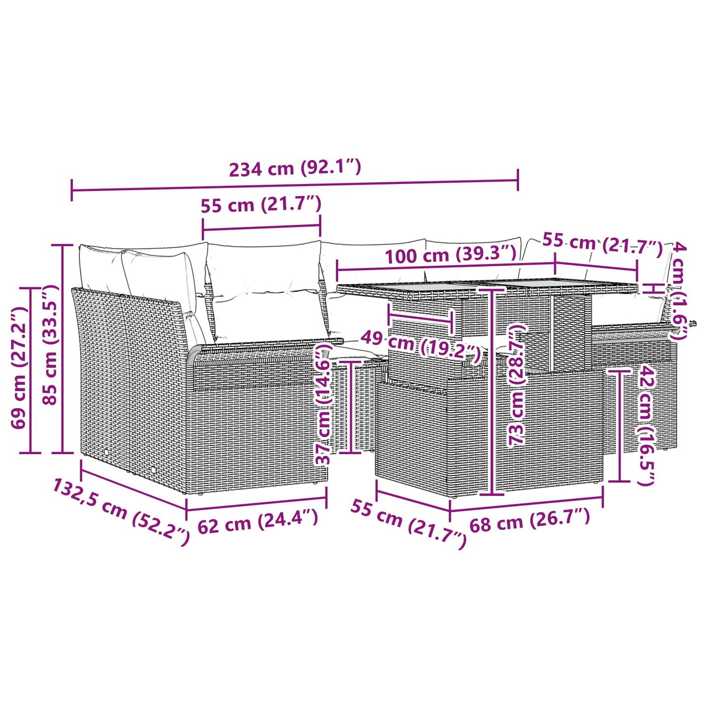 Garten-Sofa-Set mit Kissen 7 pcs Schwarz und blau