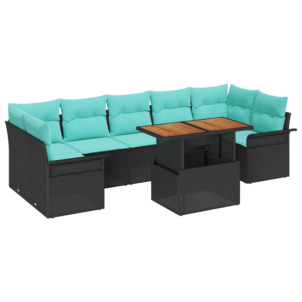 Gartensofa-set mit Kissen 8 pcs Schwarz und Blau Poly-Rattan