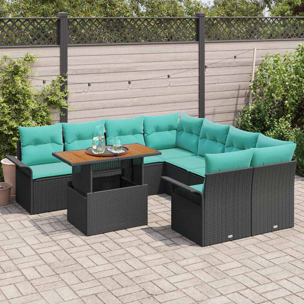 Gartensofa-set mit Kissen 9 pcs Schwarz und Blau Poly-Rattan