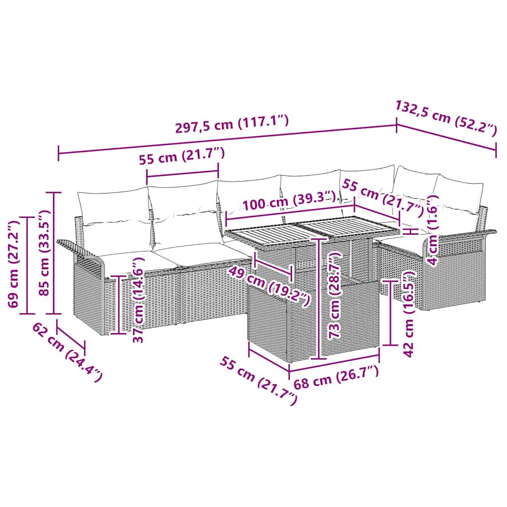 Gartensofa-set mit Kissen 7 pcs Schwarz Poly-Rattan