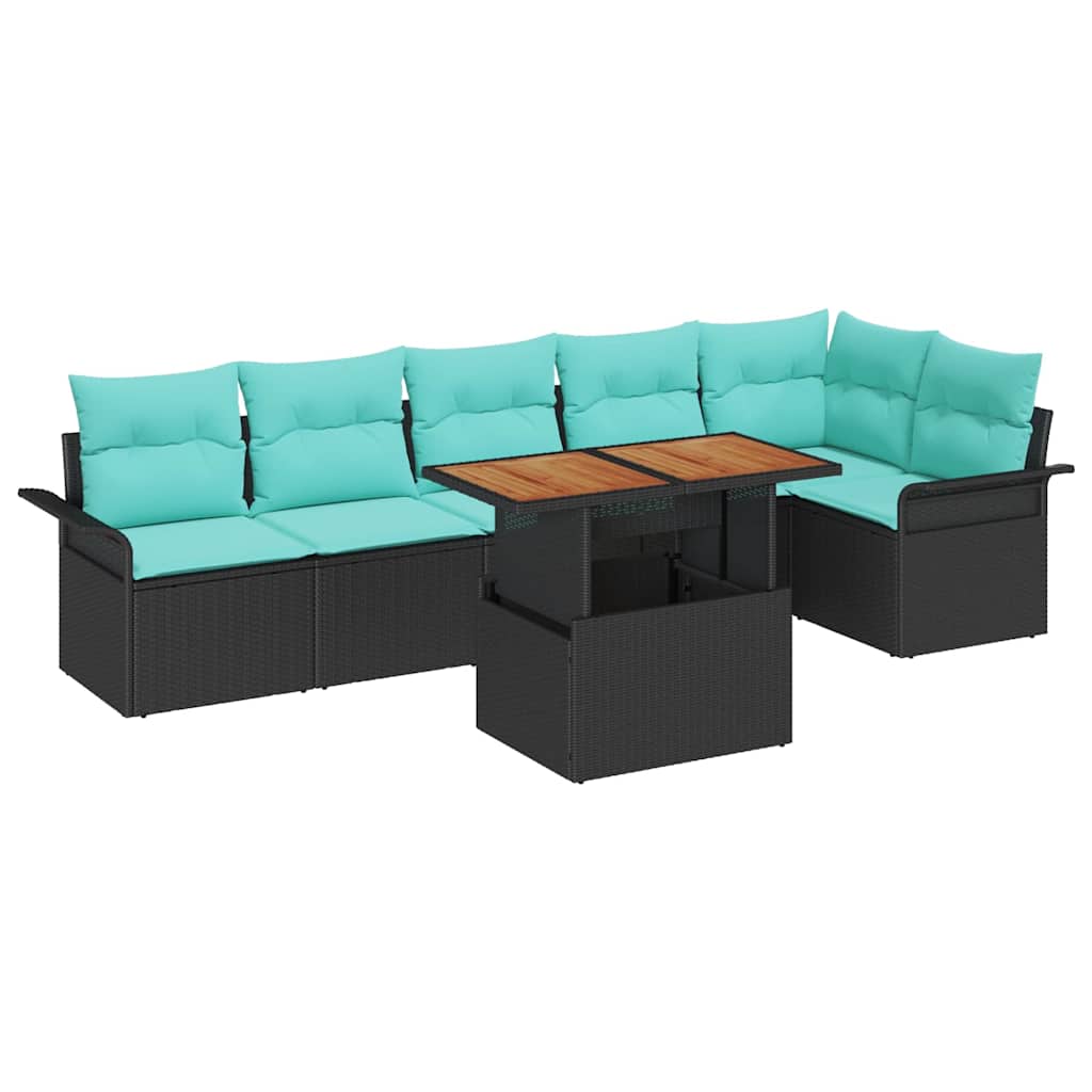 Gartensofa-set mit Kissen 7 pcs Schwarz und Blau Poly-Rattan