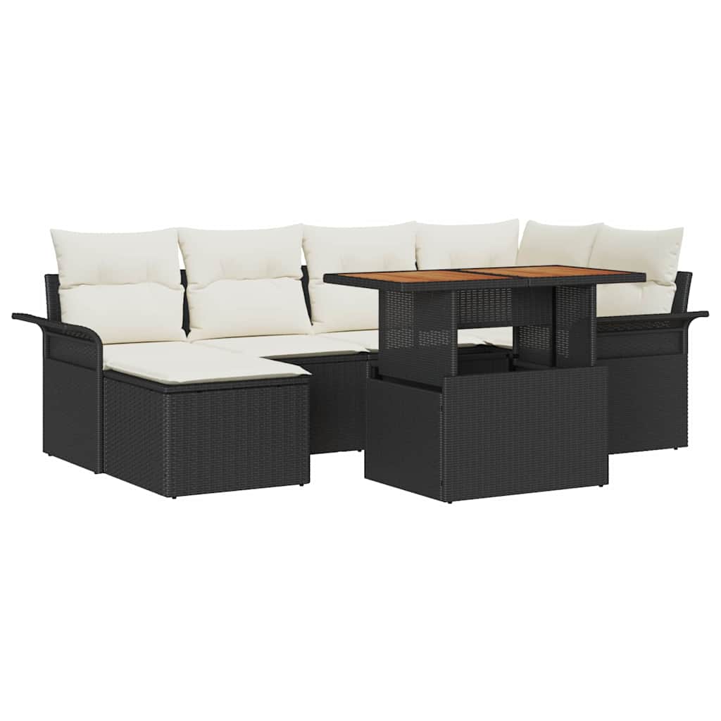 Gartensofa-set mit Kissen 7 pcs Schwarz und Creme Poly-Rattan