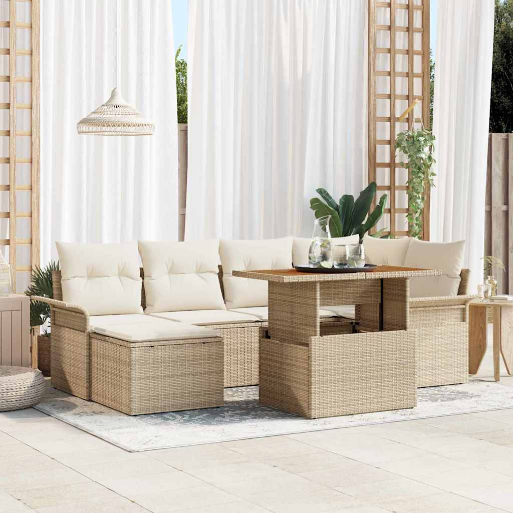 Gartensofa-set mit Kissen 7 pcs Beige und Creme Poly-Rattan
