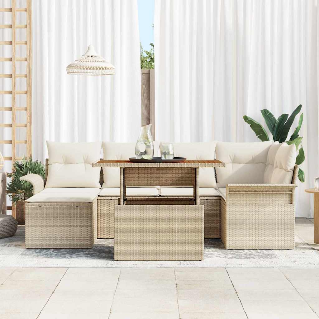 Gartensofa-set mit Kissen 7 pcs Beige und Creme Poly-Rattan