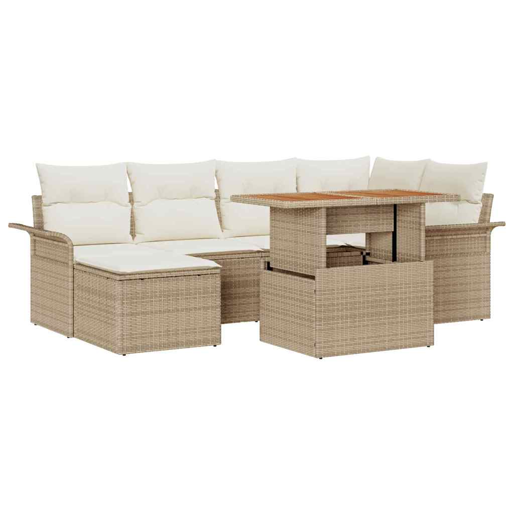 Gartensofa-set mit Kissen 7 pcs Beige und Creme Poly-Rattan