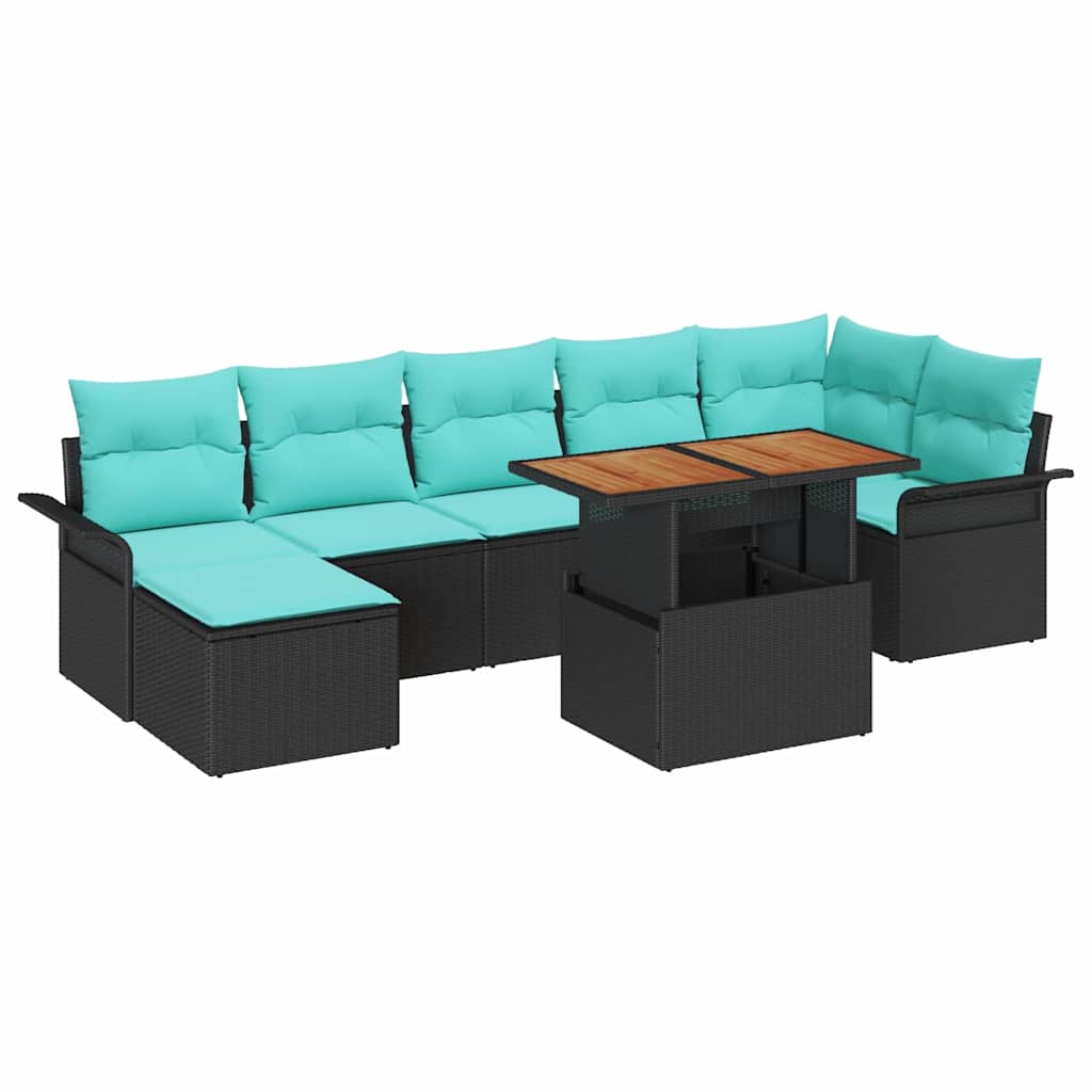 Gartensofa-set mit Kissen 8 pcs Schwarz und Blau Poly-Rattan