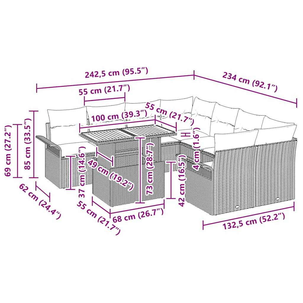 Gartensofa-set mit Kissen 11 pcs Schwarz Poly-Rattan