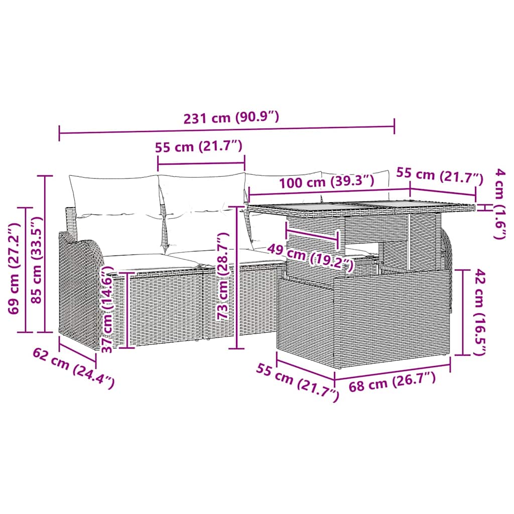 Gartensofa-set mit Kissen 5 pcs Grau Poly-Rattan