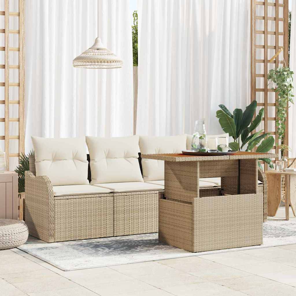 Gartensofa-set mit Kissen 5 pcs Beige und Creme Poly-Rattan