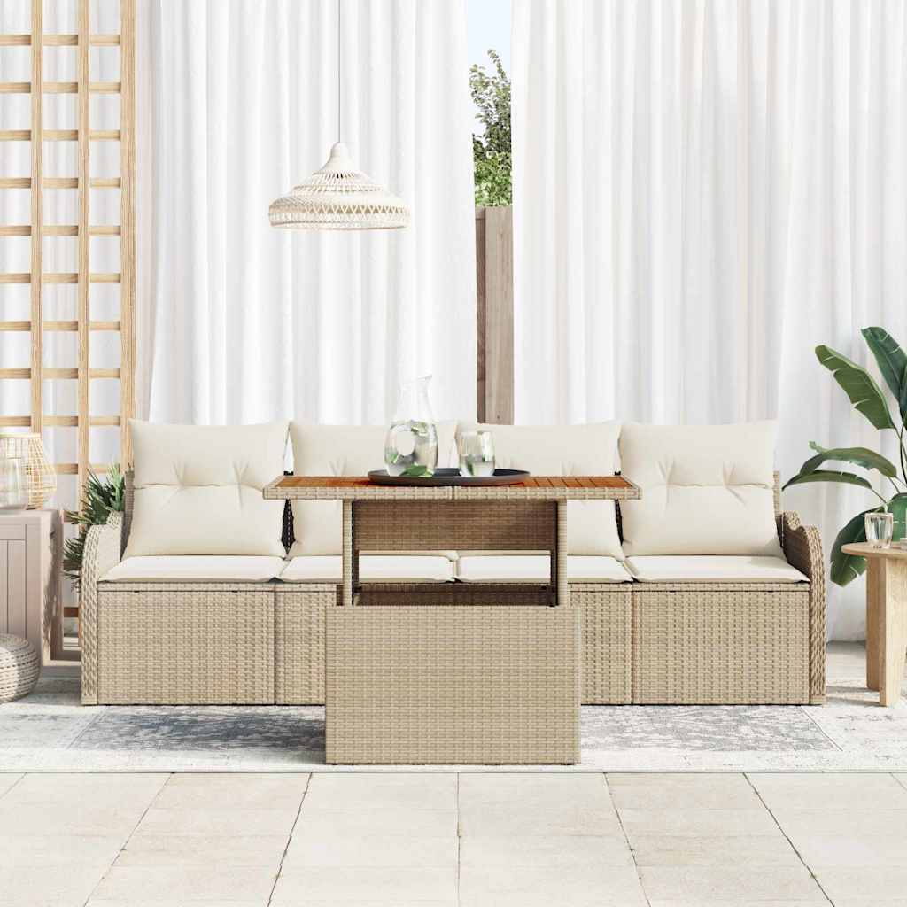 Gartensofa-set mit Kissen 5 pcs Beige und Creme Poly-Rattan