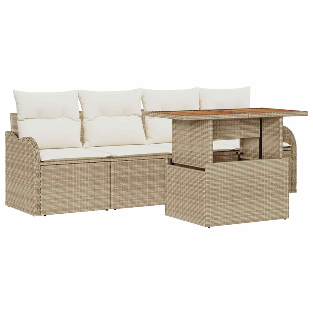 Gartensofa-set mit Kissen 5 pcs Beige und Creme Poly-Rattan
