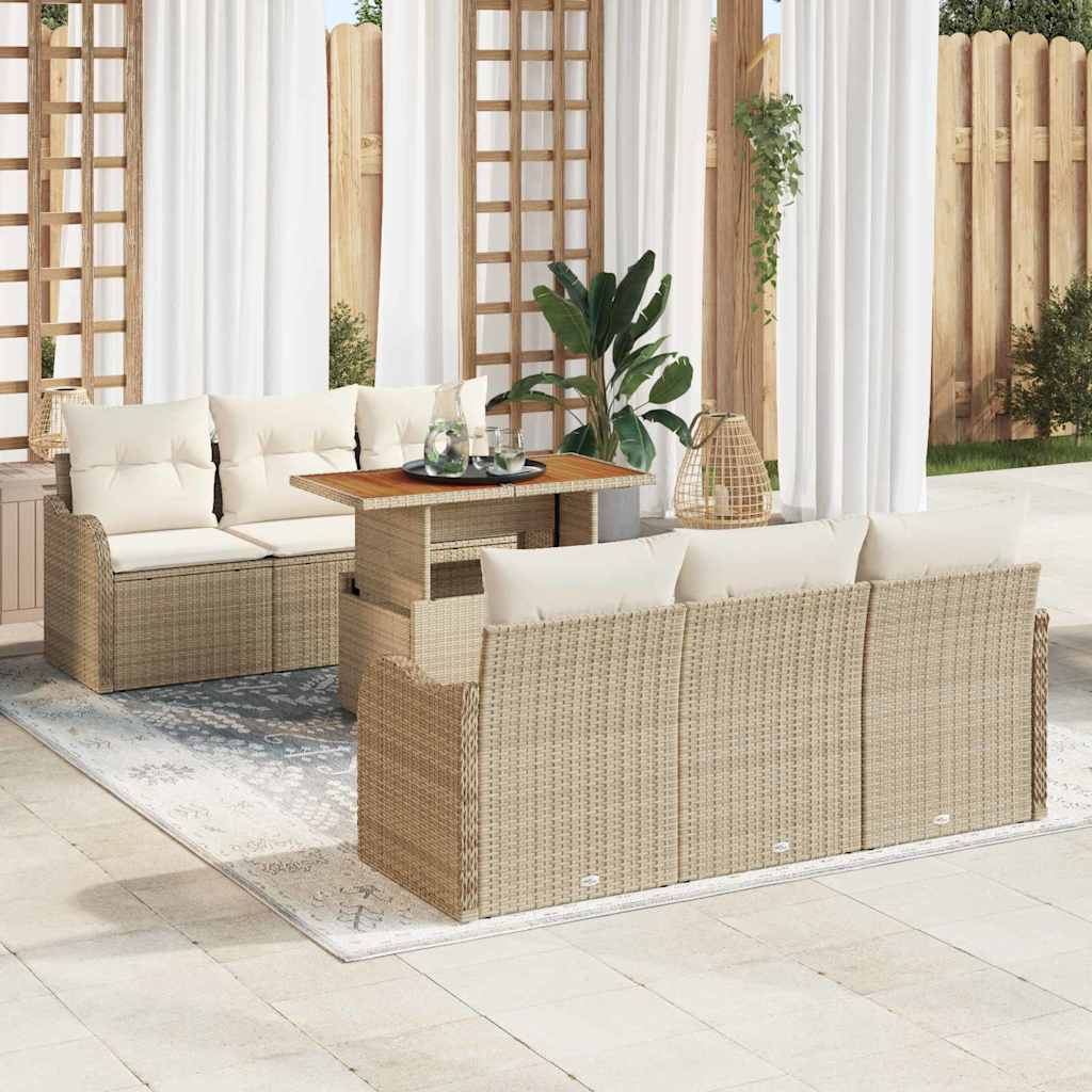Gartensofa-set mit Kissen 7 pcs Beige und Creme Poly-Rattan