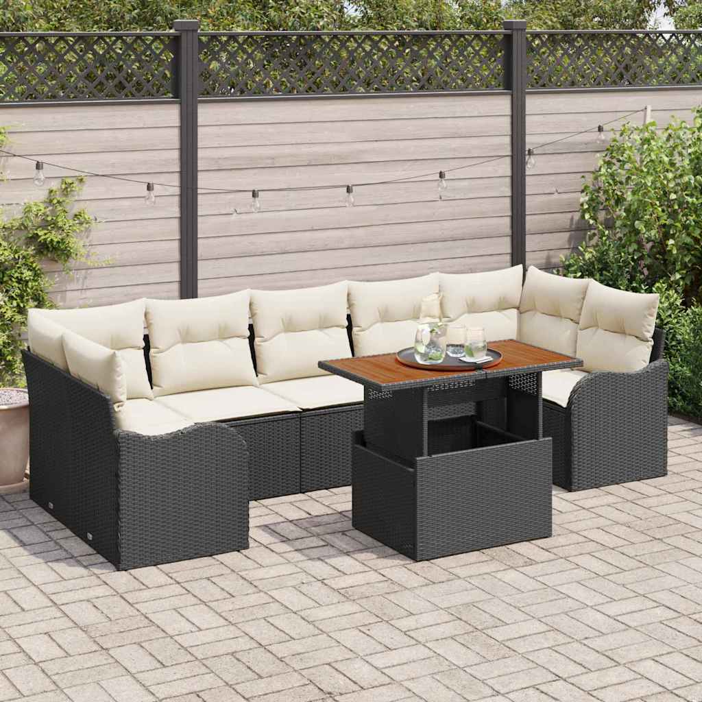 Gartensofa-set mit Kissen 8 pcs Schwarz und Creme Poly-Rattan