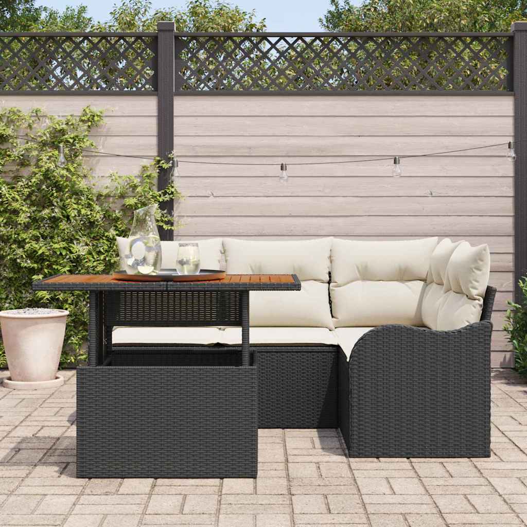 Gartensofa-set mit Kissen 5 pcs Schwarz und Creme Poly-Rattan