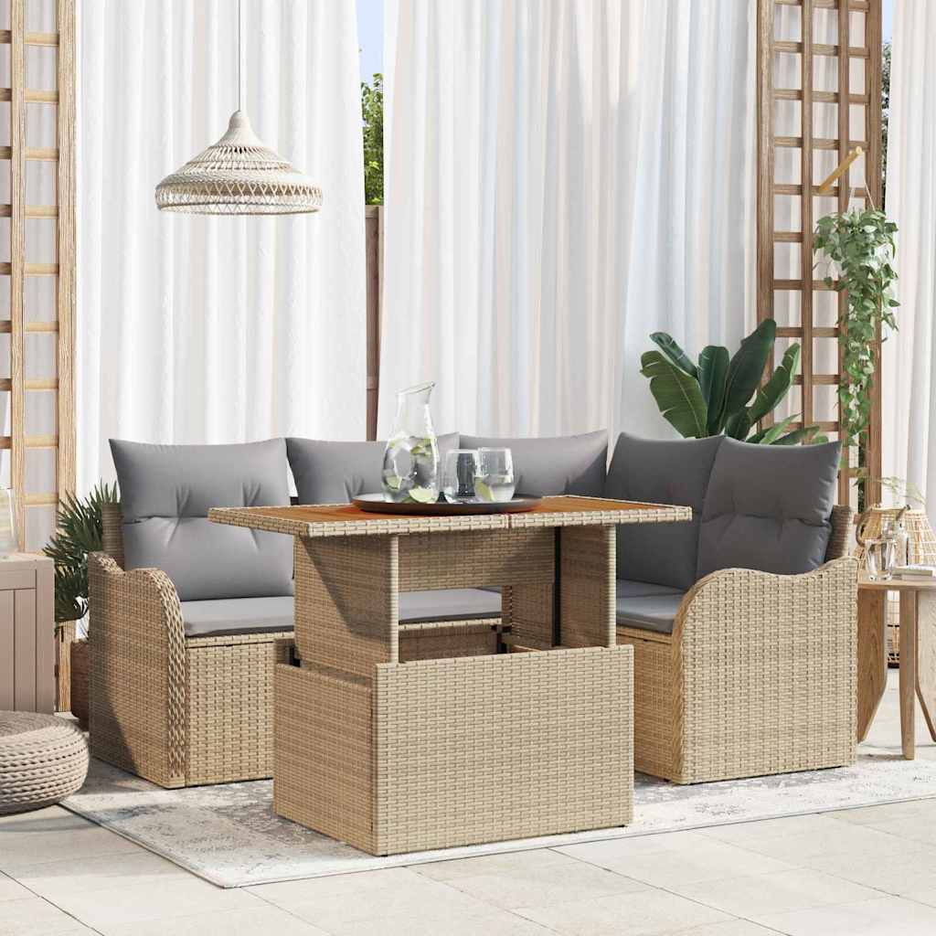 Gartensofa-set mit Kissen 5 pcs Beige und Hellgrau Poly-Rattan