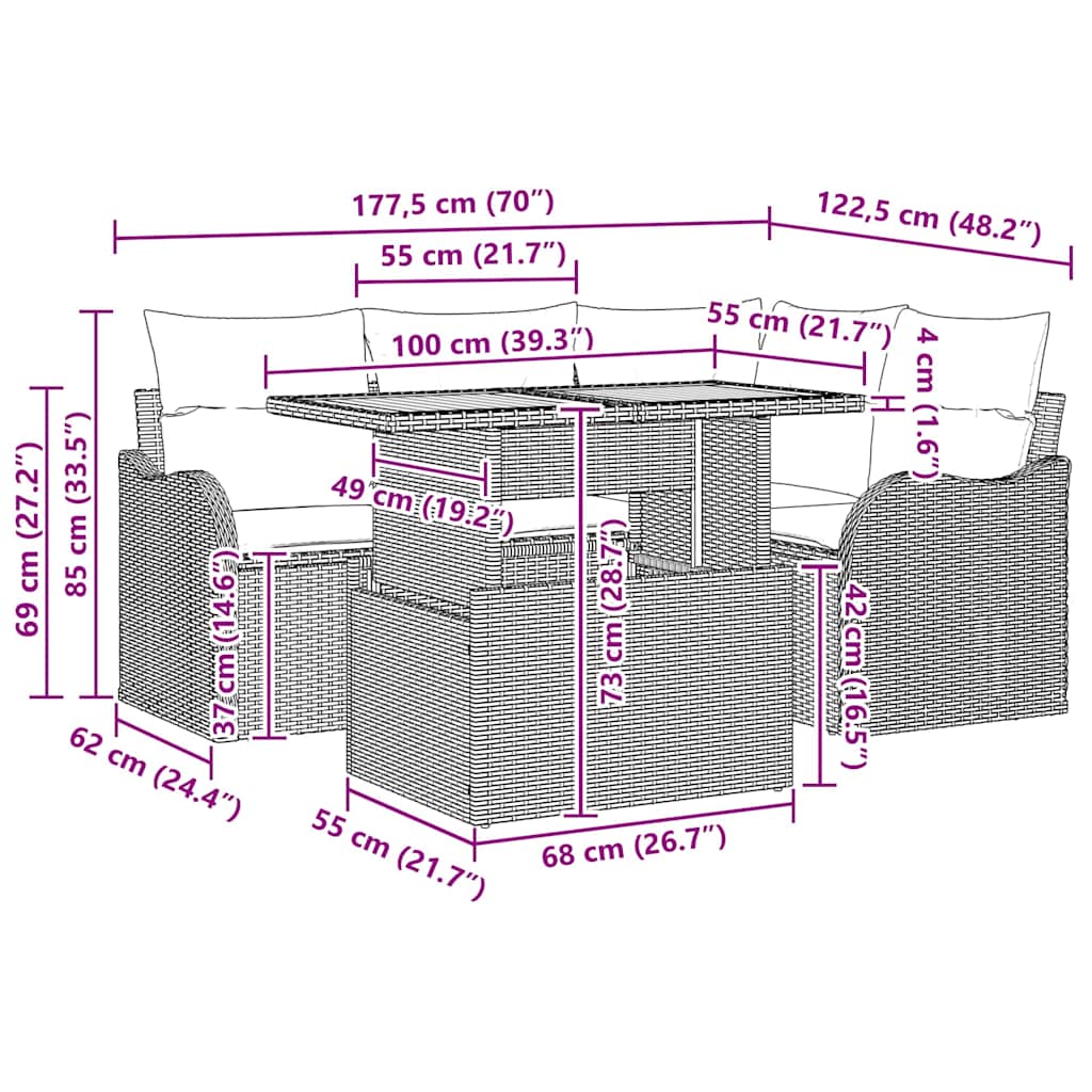 Gartensofa-set mit Kissen 5 pcs Beige und Creme Poly-Rattan