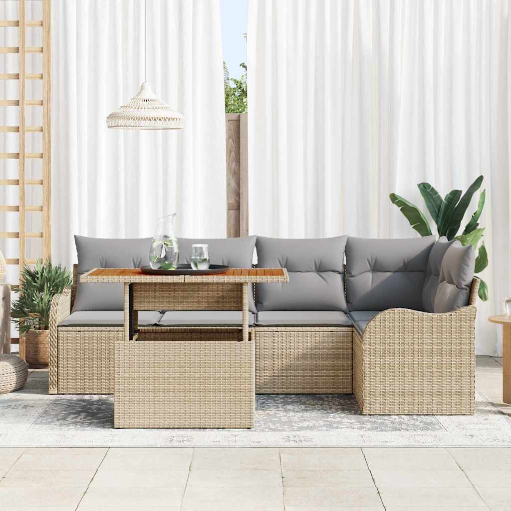 Gartensofa-set mit Kissen 6 pcs Beige und Hellgrau Poly-Rattan