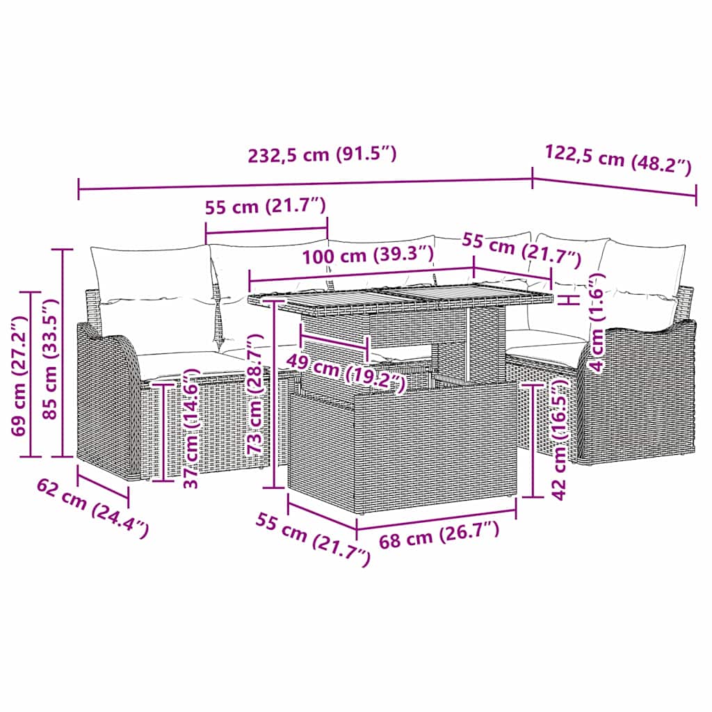 Gartensofa-set mit Kissen 6 pcs Beige und Hellgrau Poly-Rattan