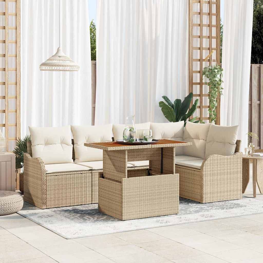 Gartensofa-set mit Kissen 6 pcs Beige und Creme Poly-Rattan
