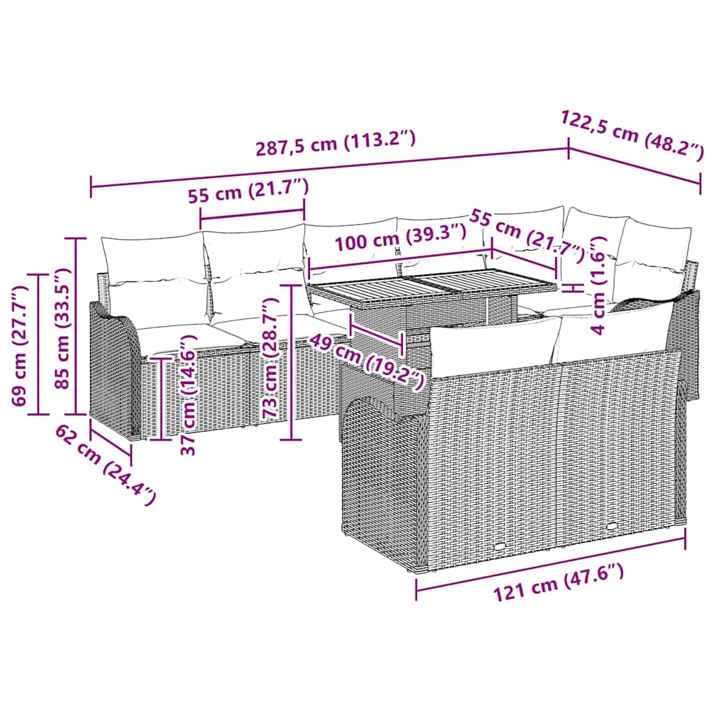 Garten-Sofa-Set mit Kissen 9 pcs Grau