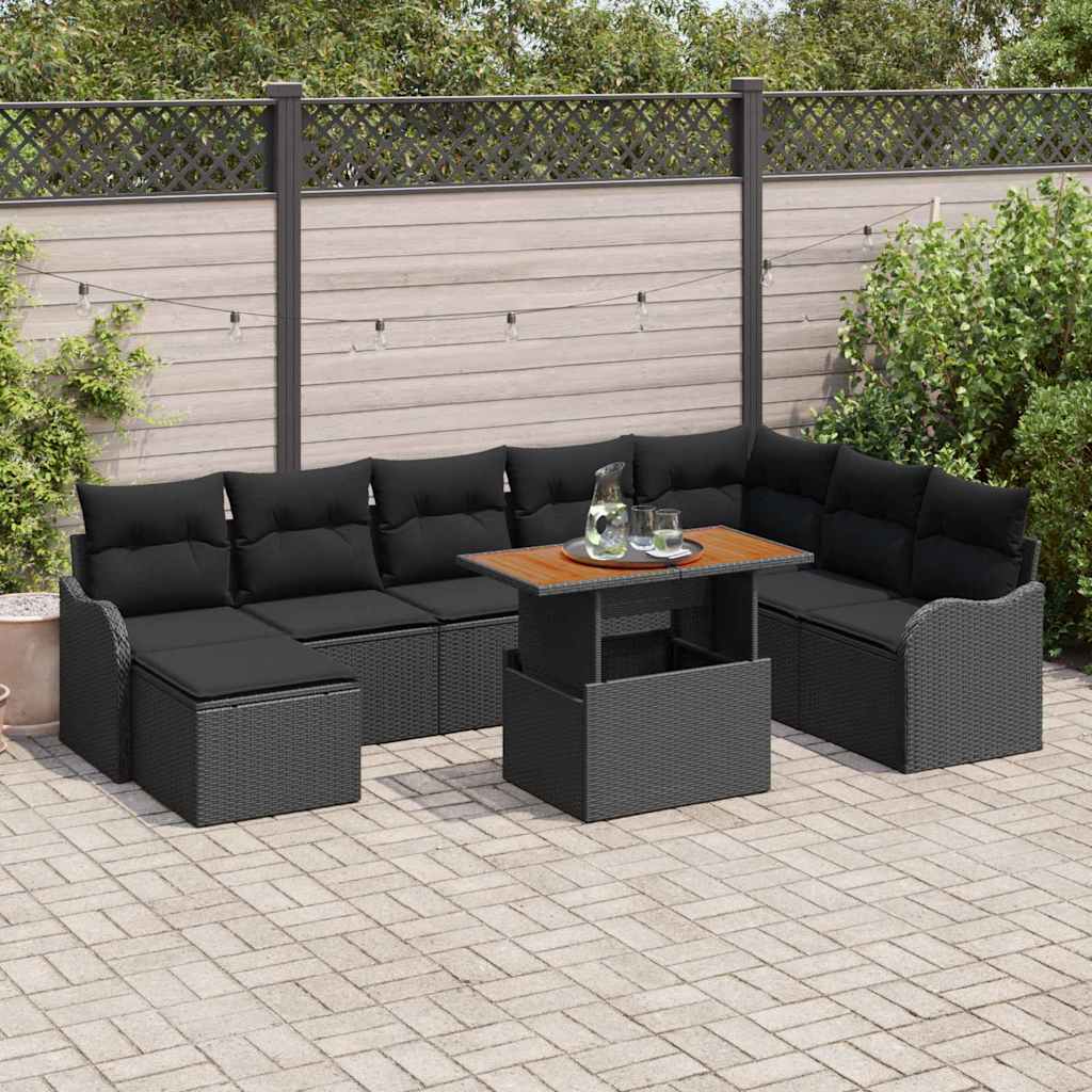 Garten-Sofa-Set mit Kissen mit Speicher 9 pcs Schwarz