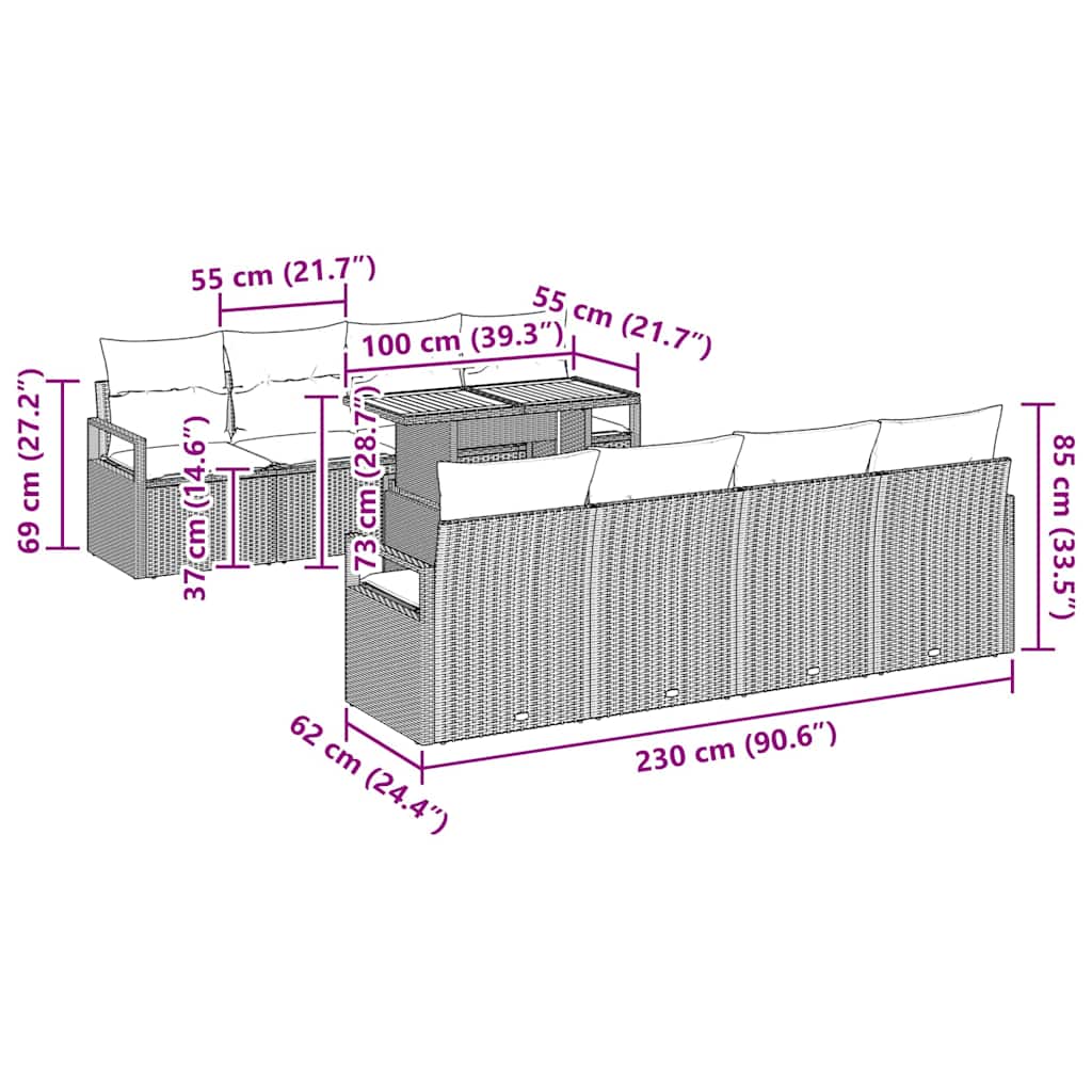 Garten-Sofa-Set mit Kissen mit Kissen 9 pcs Schwarz und Creme