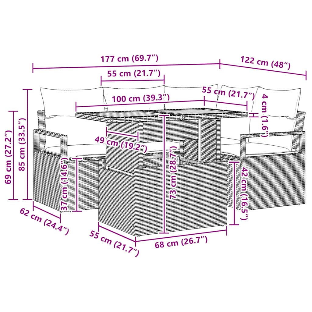 Garten Essgruppe mit Kissen 5 pcs Grau und Braun