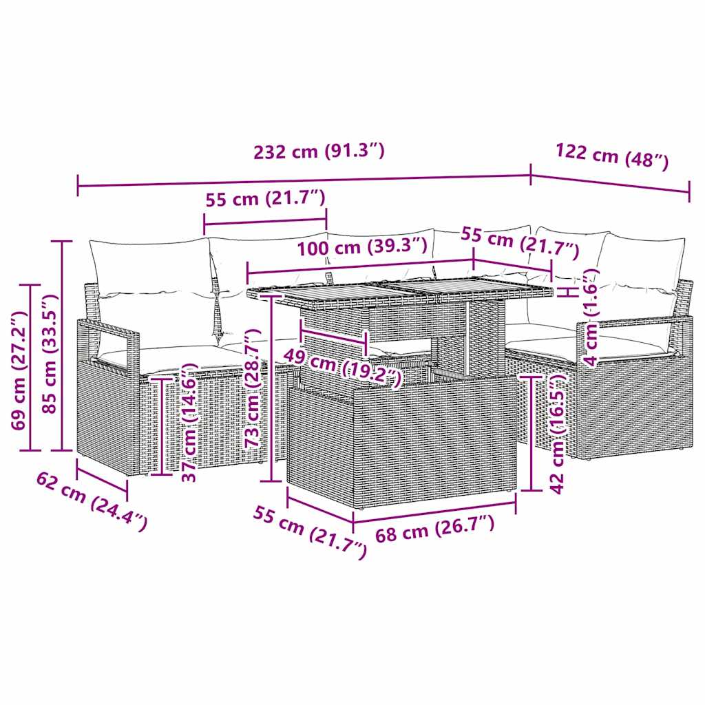 Garten Essgruppe mit Kissen 6 pcs Schwarz und Creme