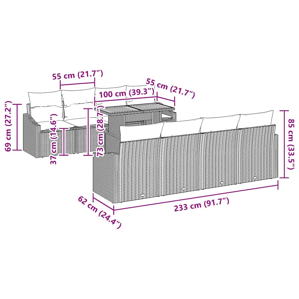 Garten Essgruppe mit Kissen 9 pcs Grau und Braun