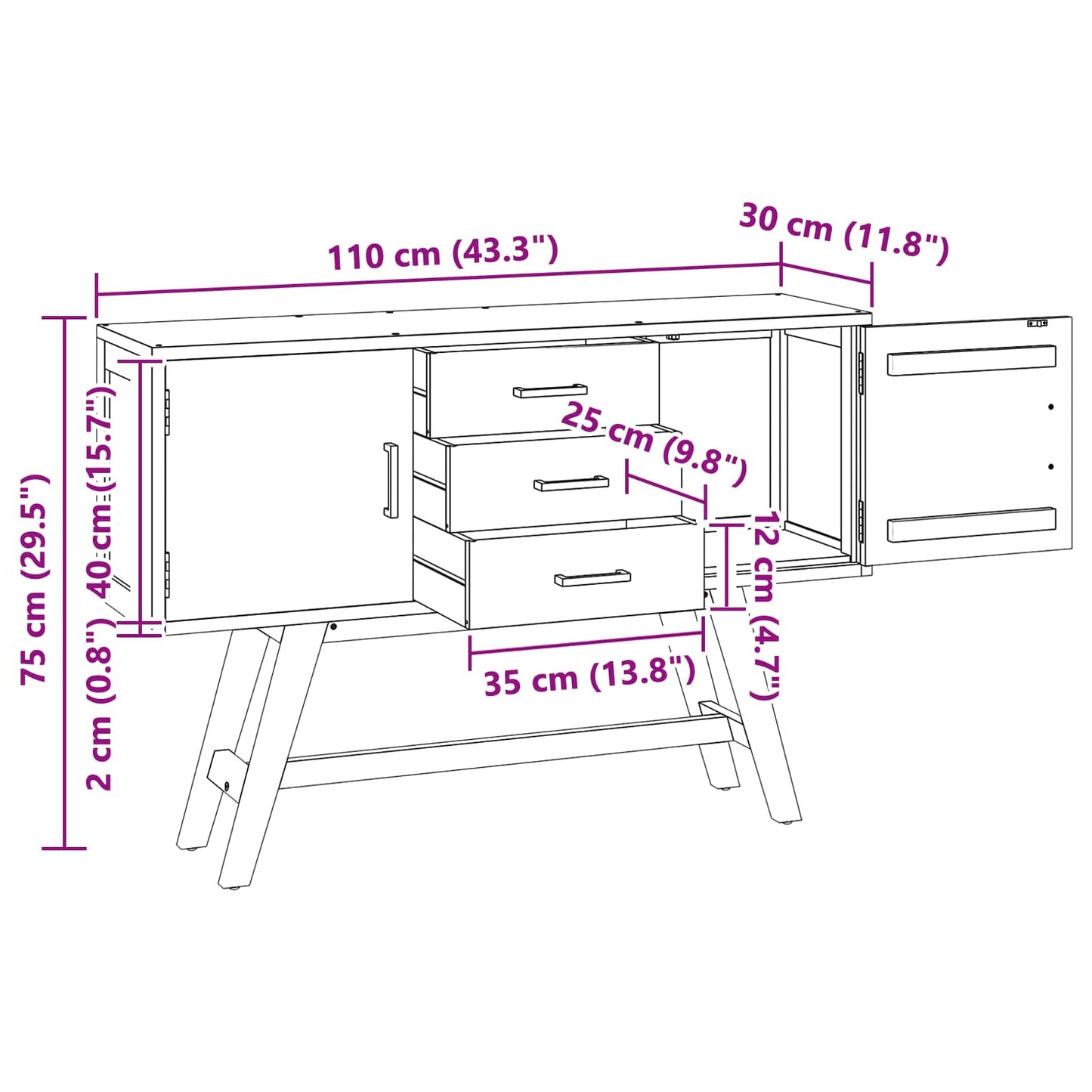 TV-Ständer Natur 110 x 30 x 75 cm Massivholz Teak