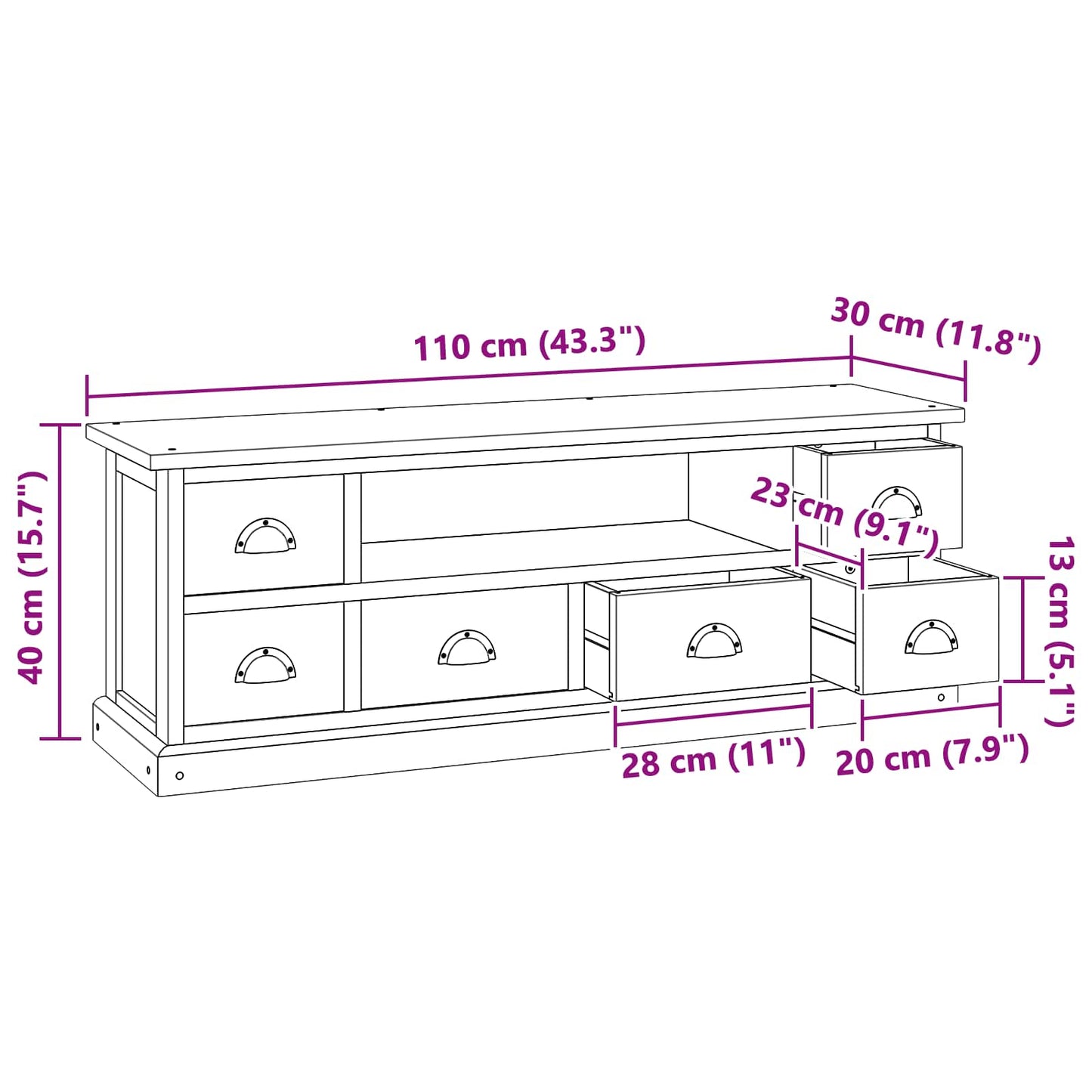 TV-Ständer Natur 110 x 30 x 40 cm Massivholz Teak