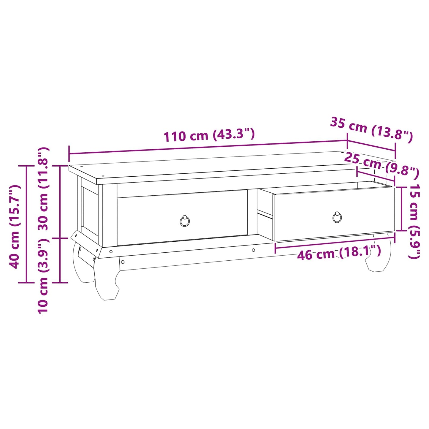 TV-Ständer Natur 110 x 35 x 40 cm Massivholz Teak