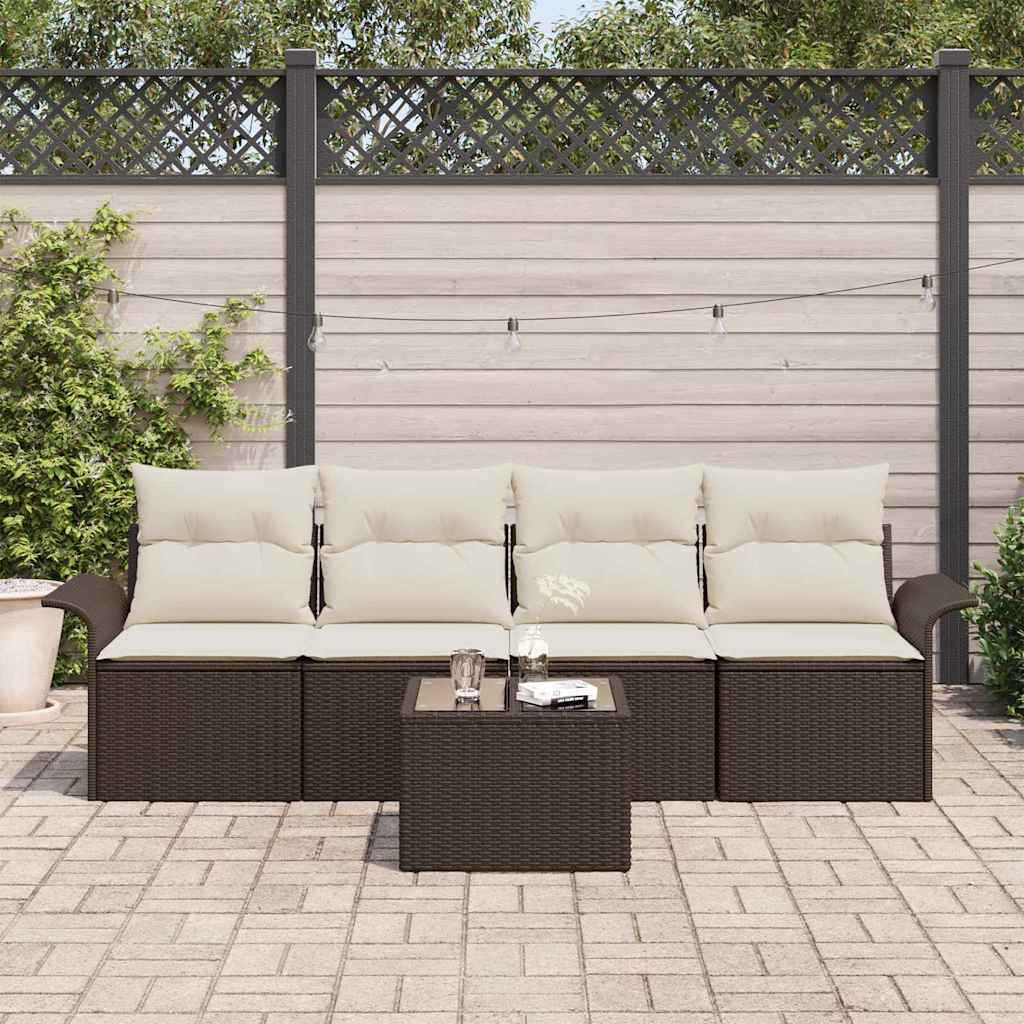 Gartensofa-set mit Kissen 5 pcs Braun und Creme Poly-Rattan
