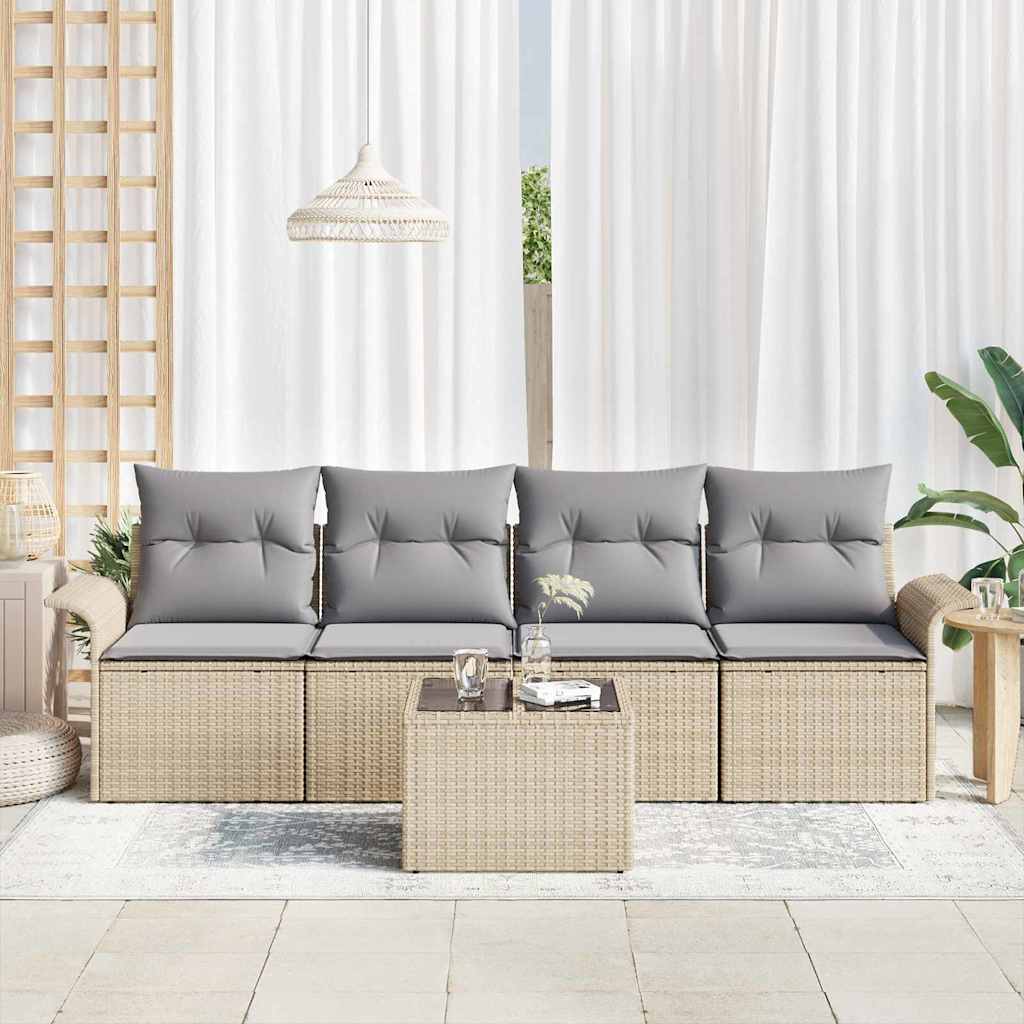 Gartensofa-set mit Kissen 5 pcs Beige und Grau Poly-Rattan