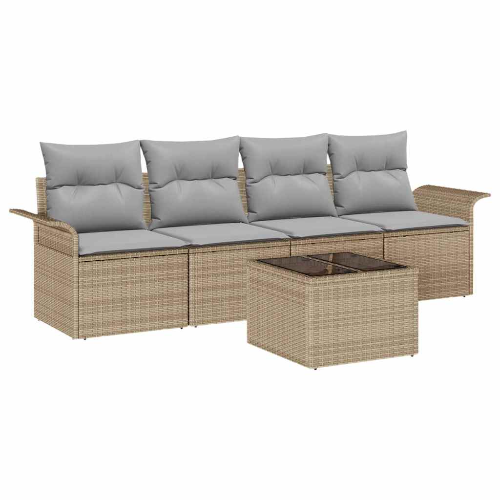 Gartensofa-set mit Kissen 5 pcs Beige und Grau Poly-Rattan
