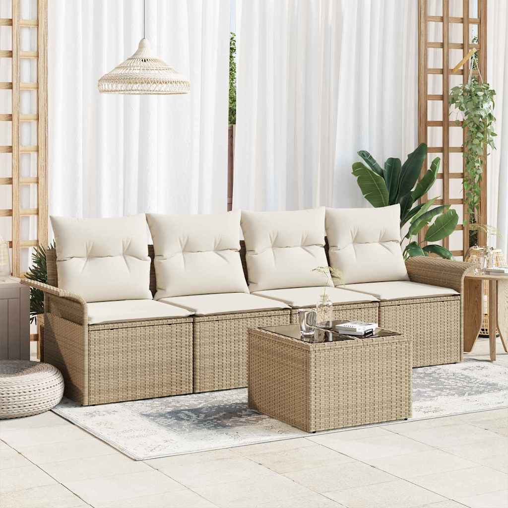 Gartensofa-set mit Kissen 5 pcs Beige und Creme Poly-Rattan