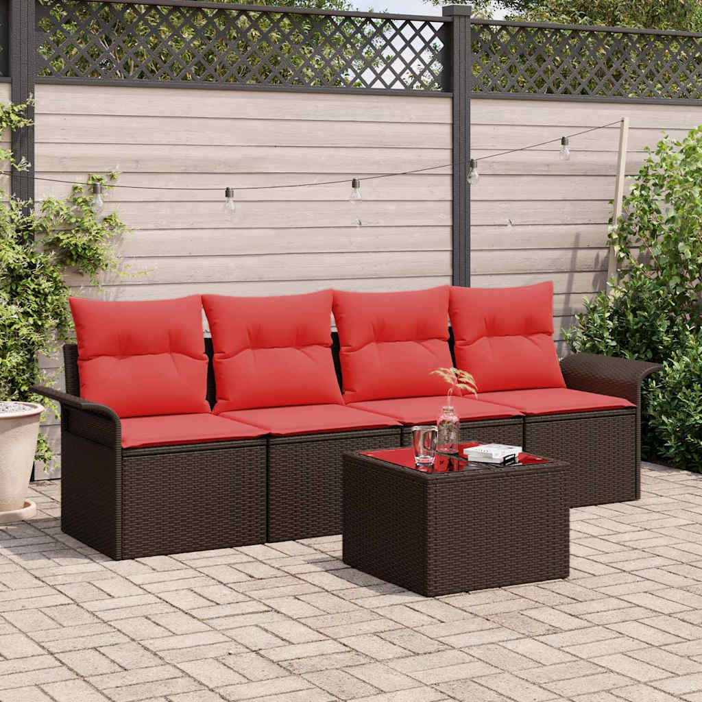 Gartensofa-set mit Kissen 5 pcs Beige und Rot Poly-Rattan