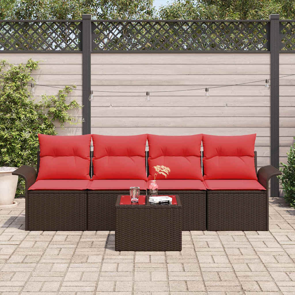 Gartensofa-set mit Kissen 5 pcs Beige und Rot Poly-Rattan