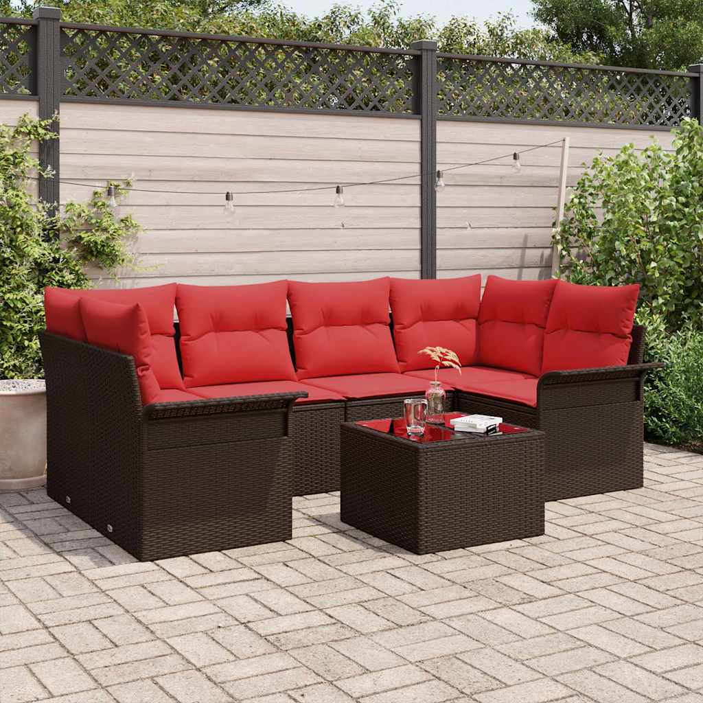 Gartensofa-set mit Kissen 7 pcs Beige und Rot Poly-Rattan
