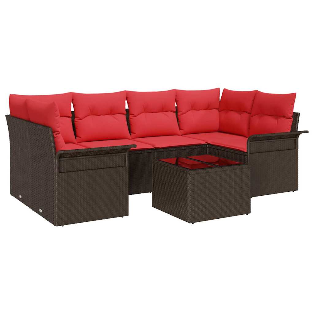 Gartensofa-set mit Kissen 7 pcs Beige und Rot Poly-Rattan