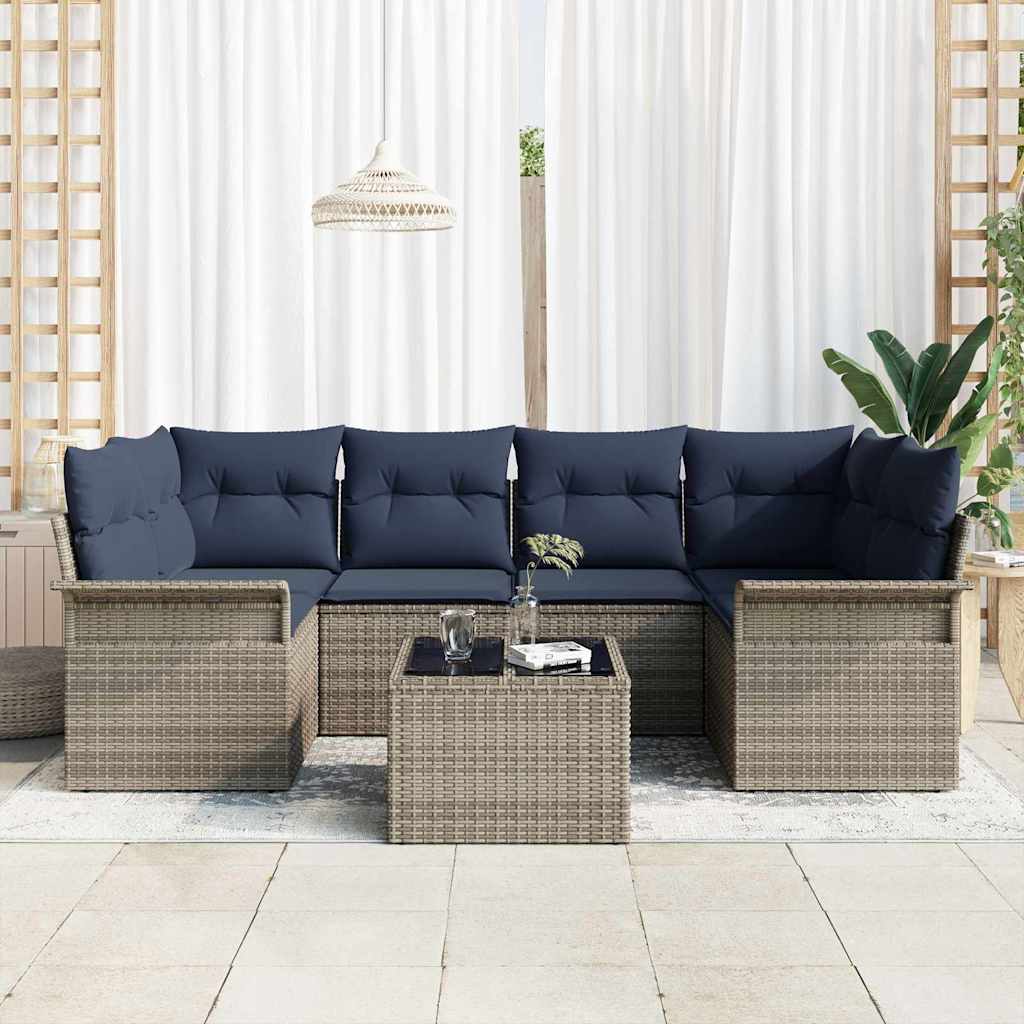 Gartensofa-set mit Kissen 7 pcs Grau und Marineblau Poly-Rattan