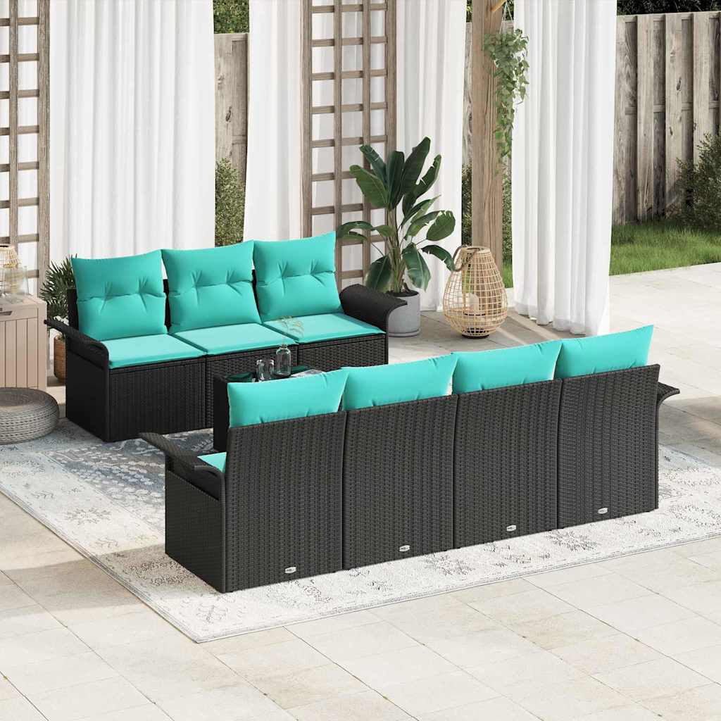 Gartensofa-set mit Kissen 8 pcs Schwarz und Türkis Poly-Rattan