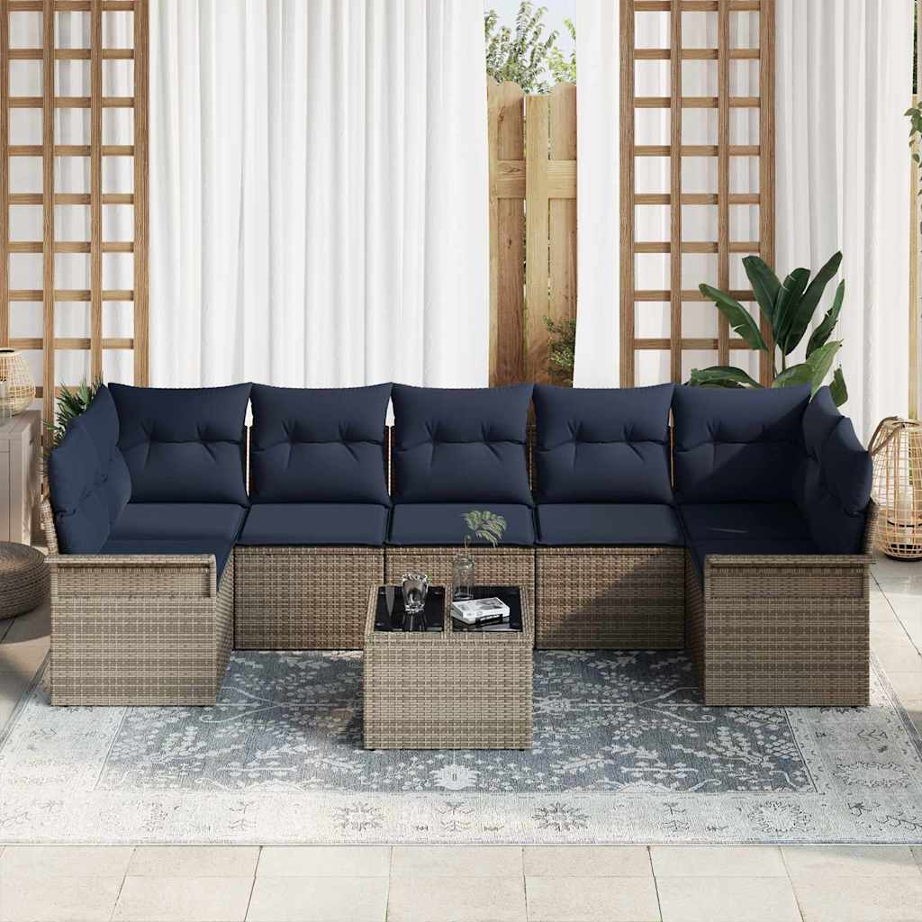 Gartensofa-set mit Kissen 8 pcs Grau und Marineblau Poly-Rattan