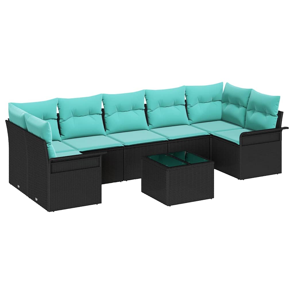 Gartensofa-set mit Kissen 8 pcs Schwarz und Türkis Poly-Rattan